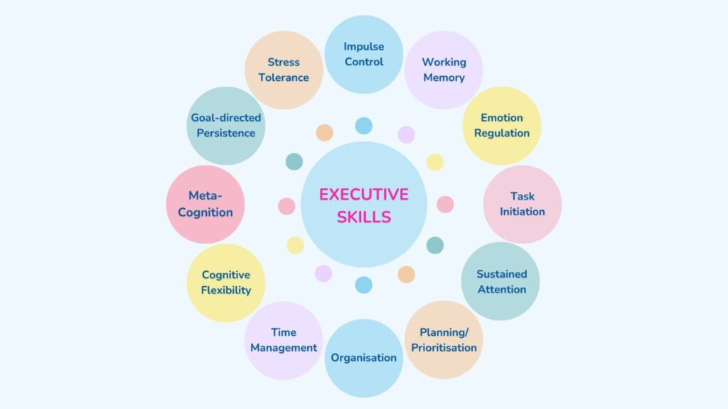 Informative image displaying 12 executive functions as relavent to ADHD in colorful circles.